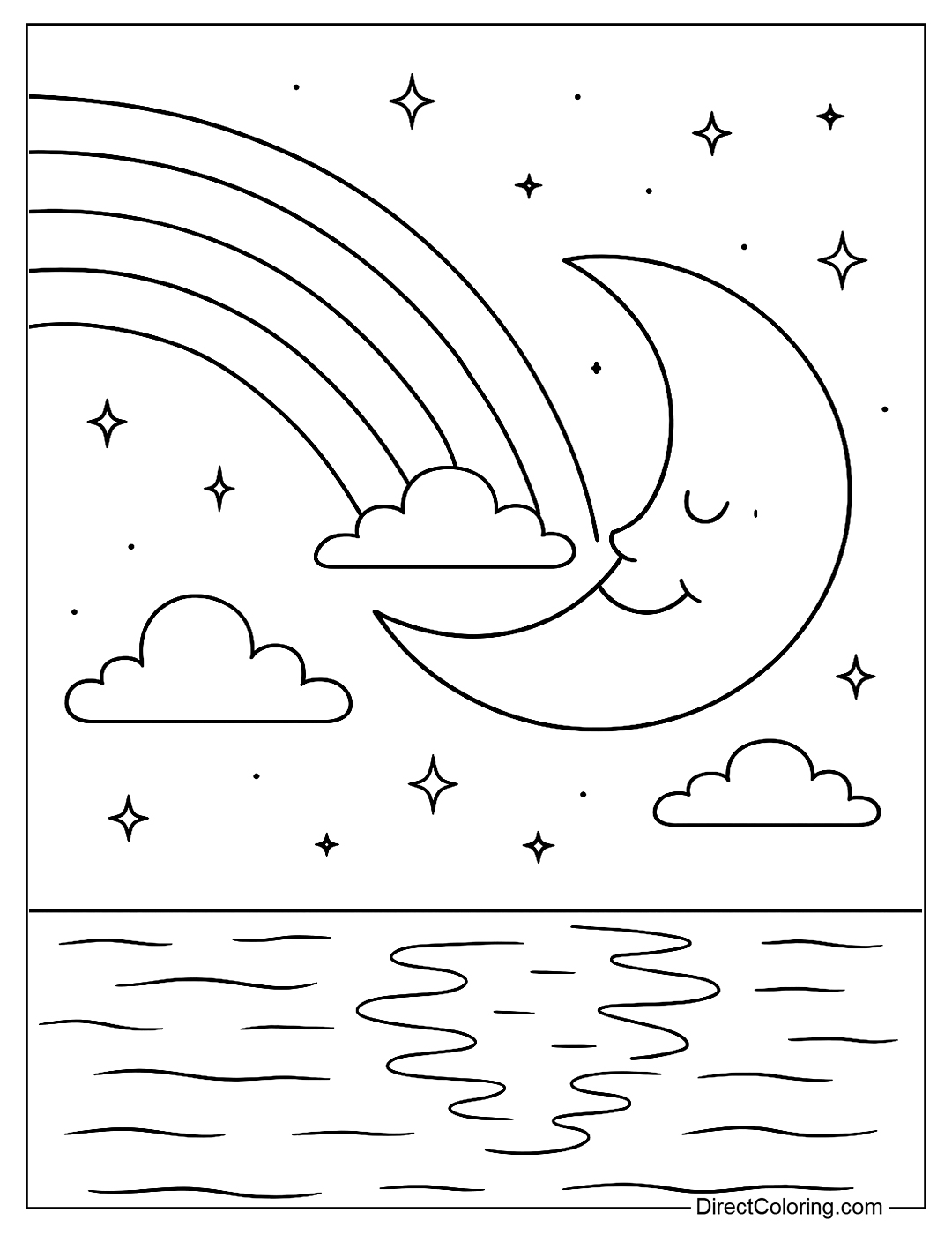 A gentle rainbow coloring page appears next to the moon in the quiet night
